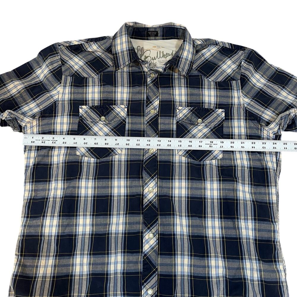 Bullhead Men's Western Short Sleeve Pearl Snap Shirt Blue Plaid XL - Picture 6 of 7